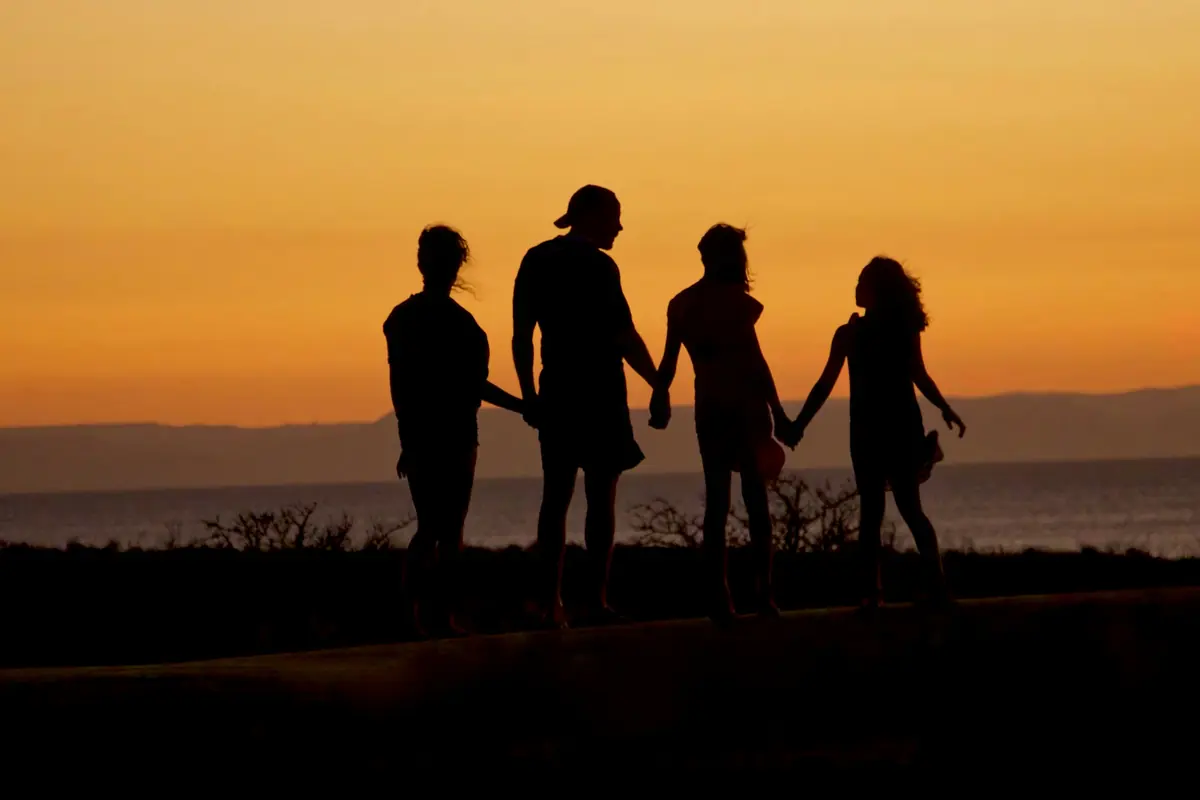 Silueta de una familia tomada de la mano al atardecer